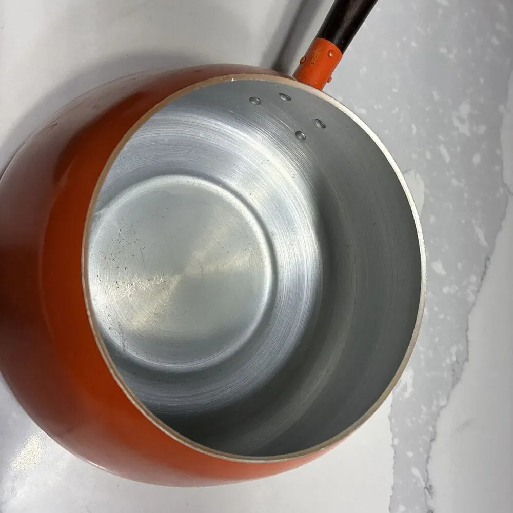 Vintage MCM Fondue Pot Orange Enamel Long Wood Handle and Lid Japan
